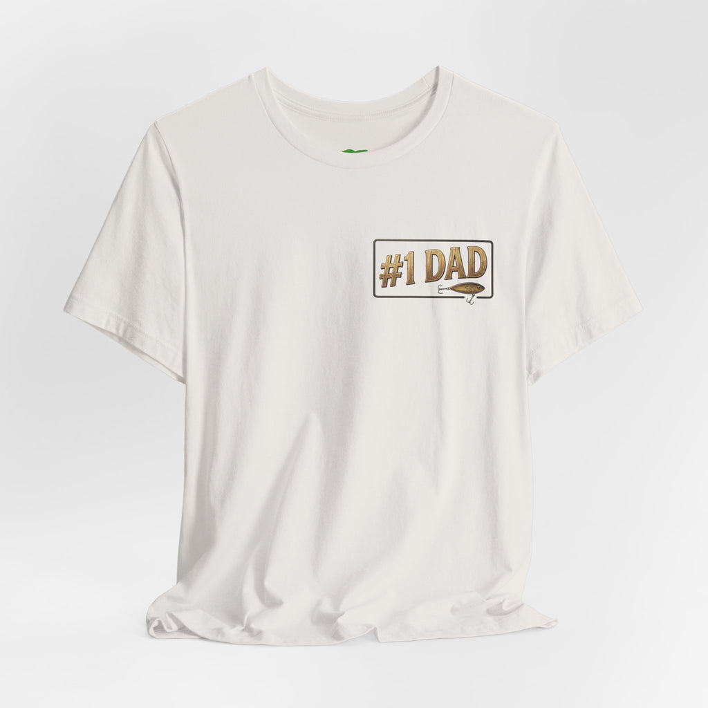 #1 Dad fishing scene Tee | Dad and child fishing on dock at sunset T-Shirt