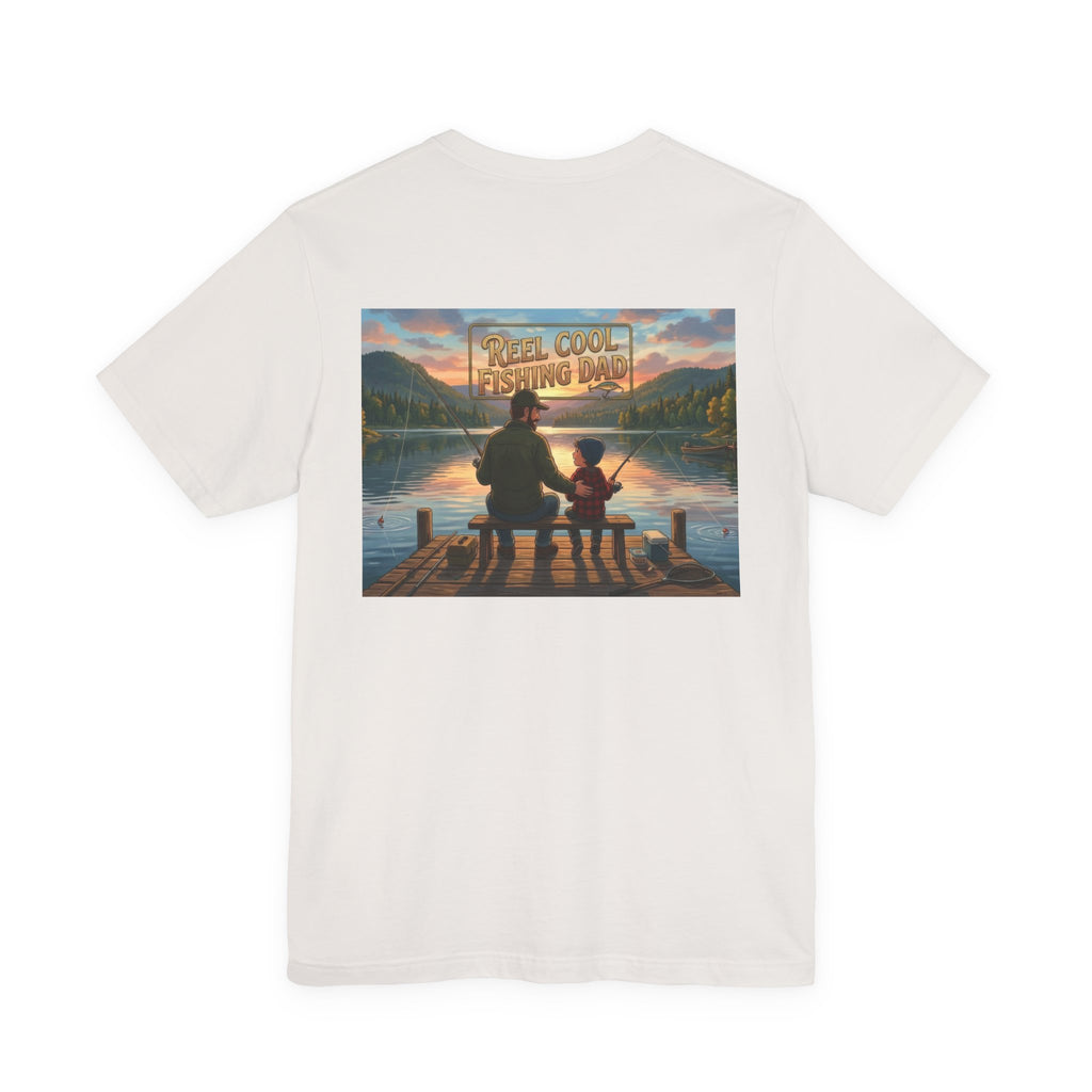 #1 Dad fishing scene Tee | Dad and child fishing on dock at sunset T-Shirt