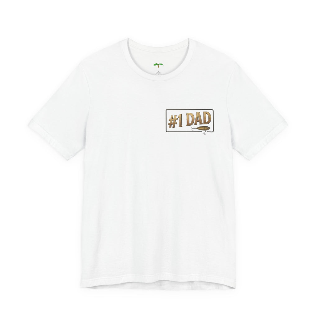 #1 Dad fishing scene Tee | Dad and child fishing on dock at sunset T-Shirt