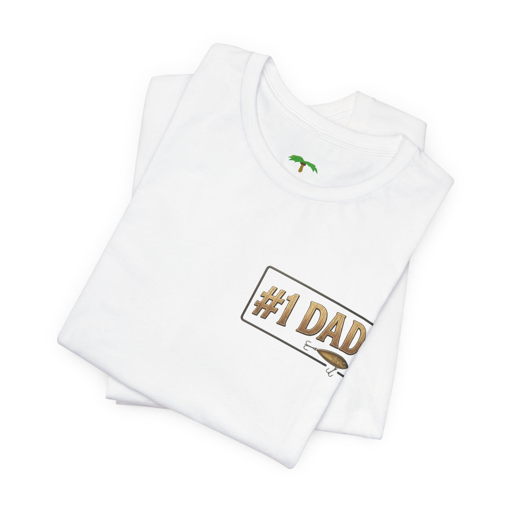 #1 Dad fishing scene Tee | Dad and child fishing on dock at sunset T-Shirt