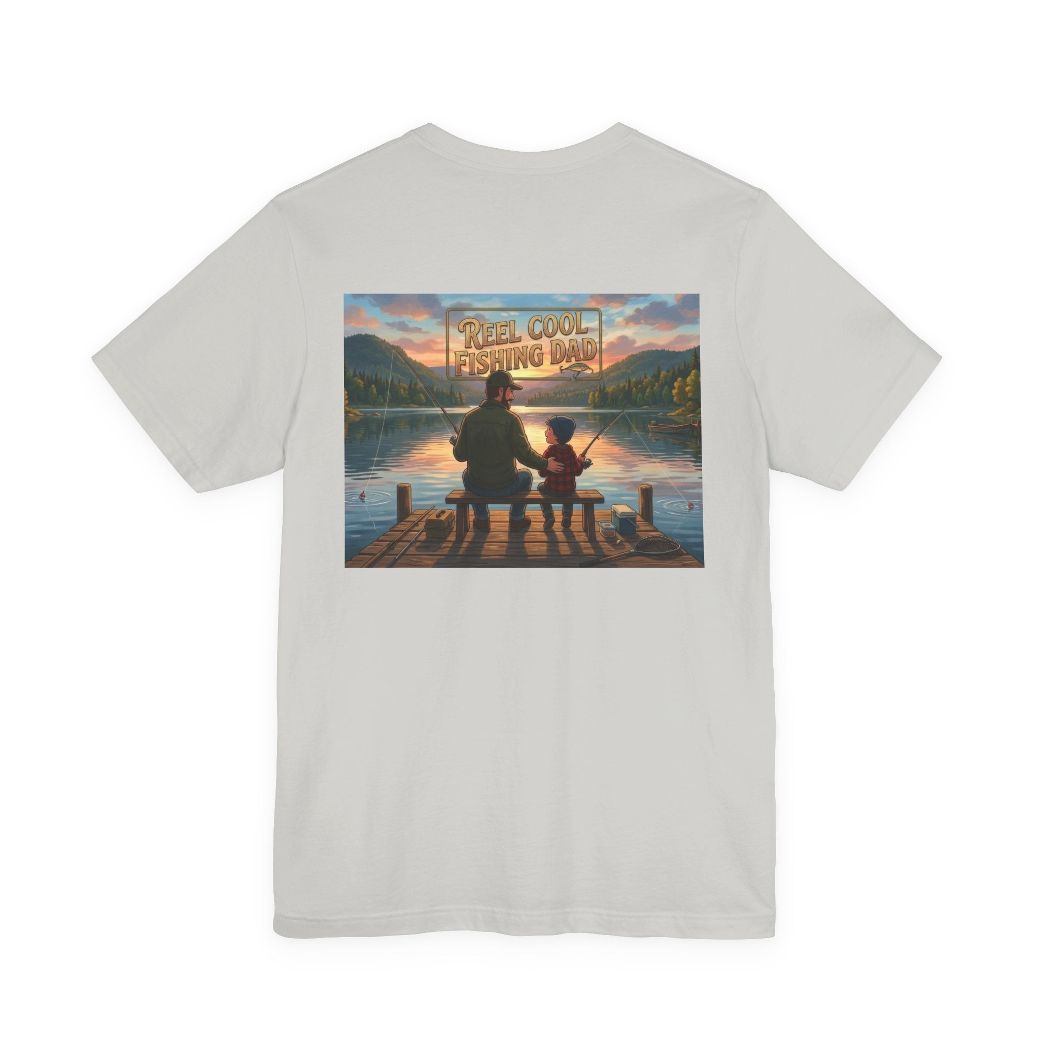 #1 Dad fishing scene Tee | Dad and child fishing on dock at sunset T-Shirt