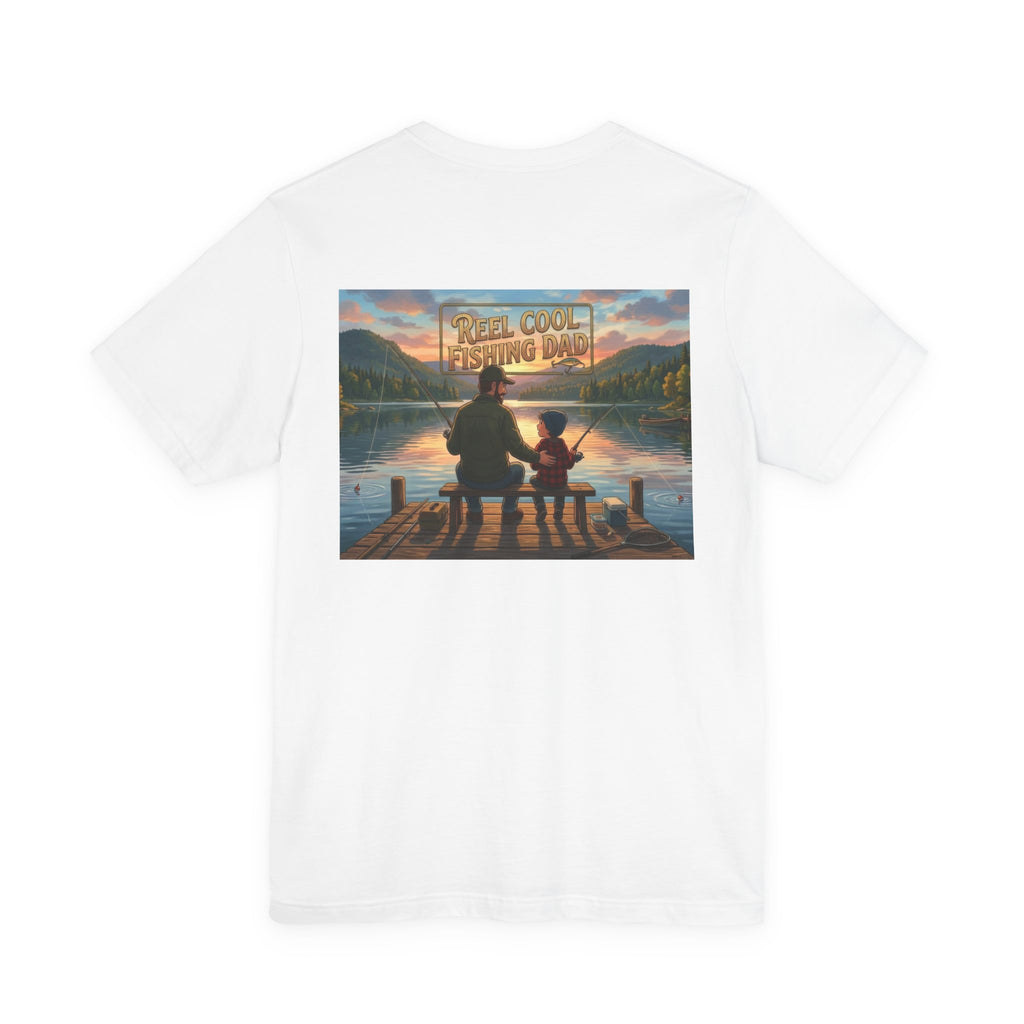 #1 Dad fishing scene Tee | Dad and child fishing on dock at sunset T-Shirt