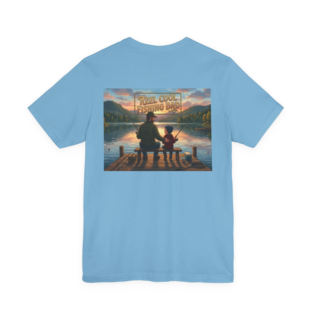 #1 Dad fishing scene Tee | Dad and child fishing on dock at sunset T-Shirt