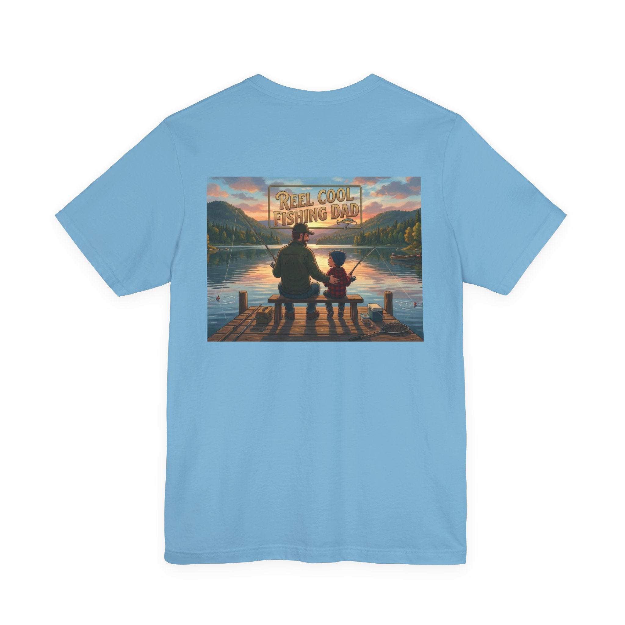 #1 Dad fishing scene Tee | Dad and child fishing on dock at sunset T-Shirt