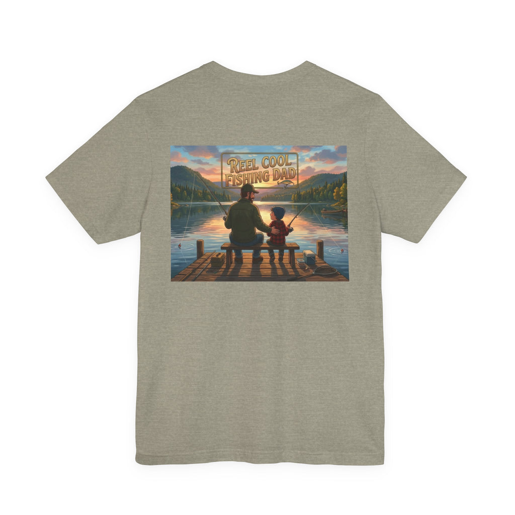 #1 Dad fishing scene Tee | Dad and child fishing on dock at sunset T-Shirt