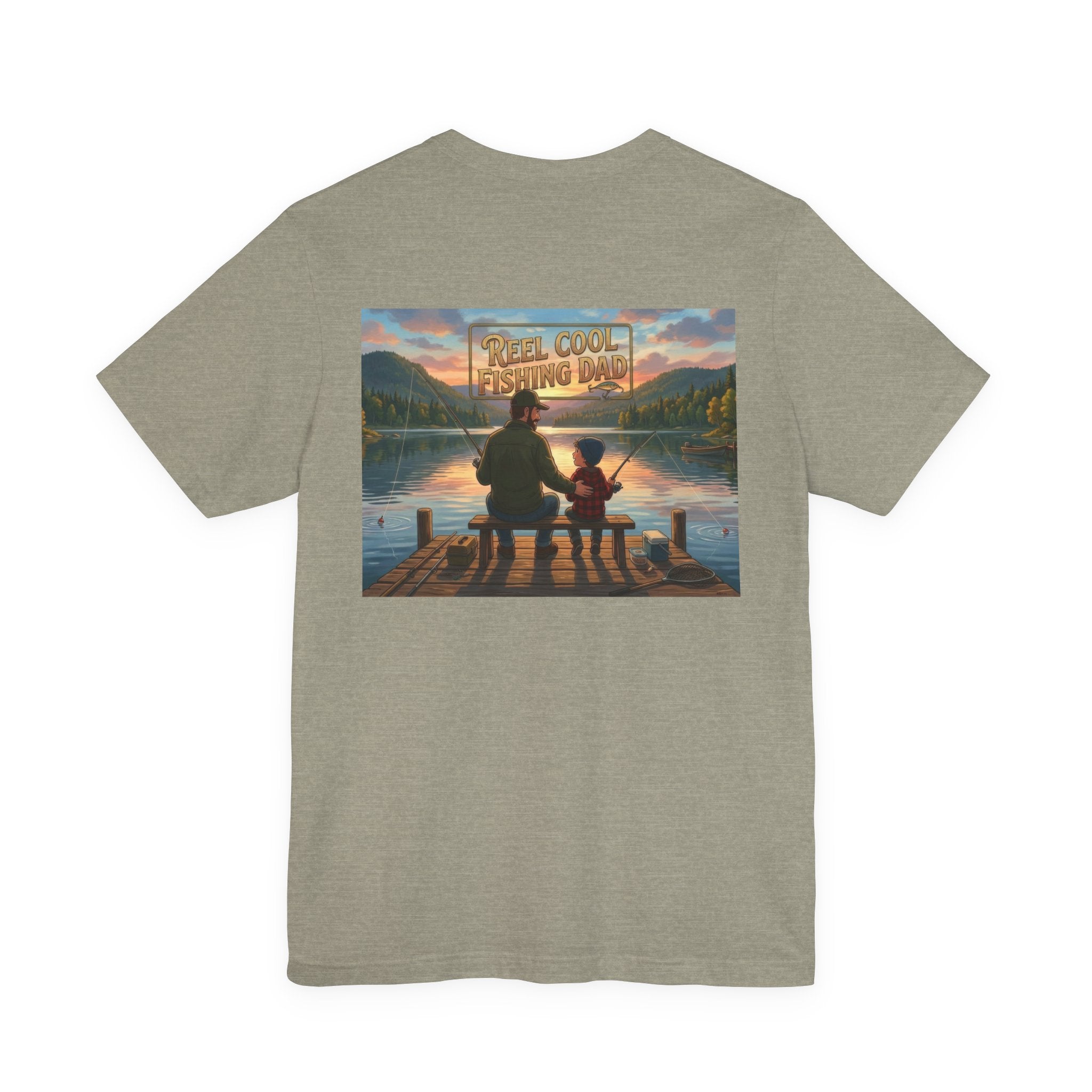 #1 Dad fishing scene Tee | Dad and child fishing on dock at sunset T-Shirt