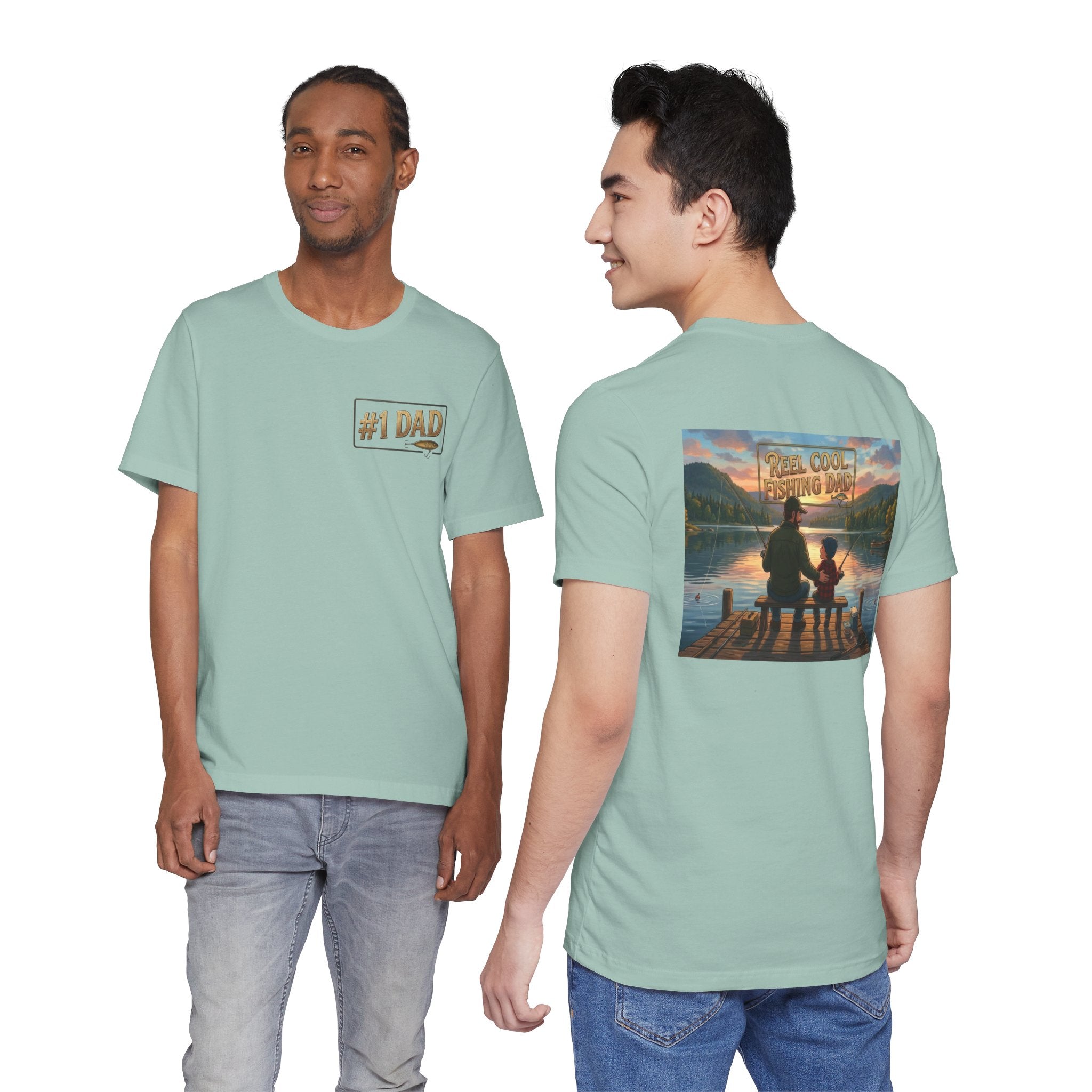 #1 Dad fishing scene Tee | Dad and child fishing on dock at sunset T-Shirt