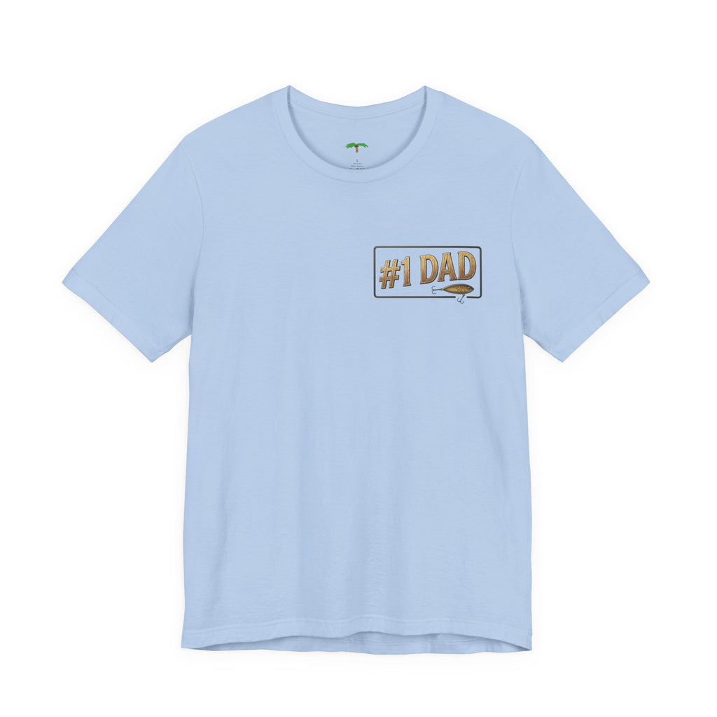 #1 Dad fishing scene Tee | Dad and child fishing on dock at sunset T-Shirt