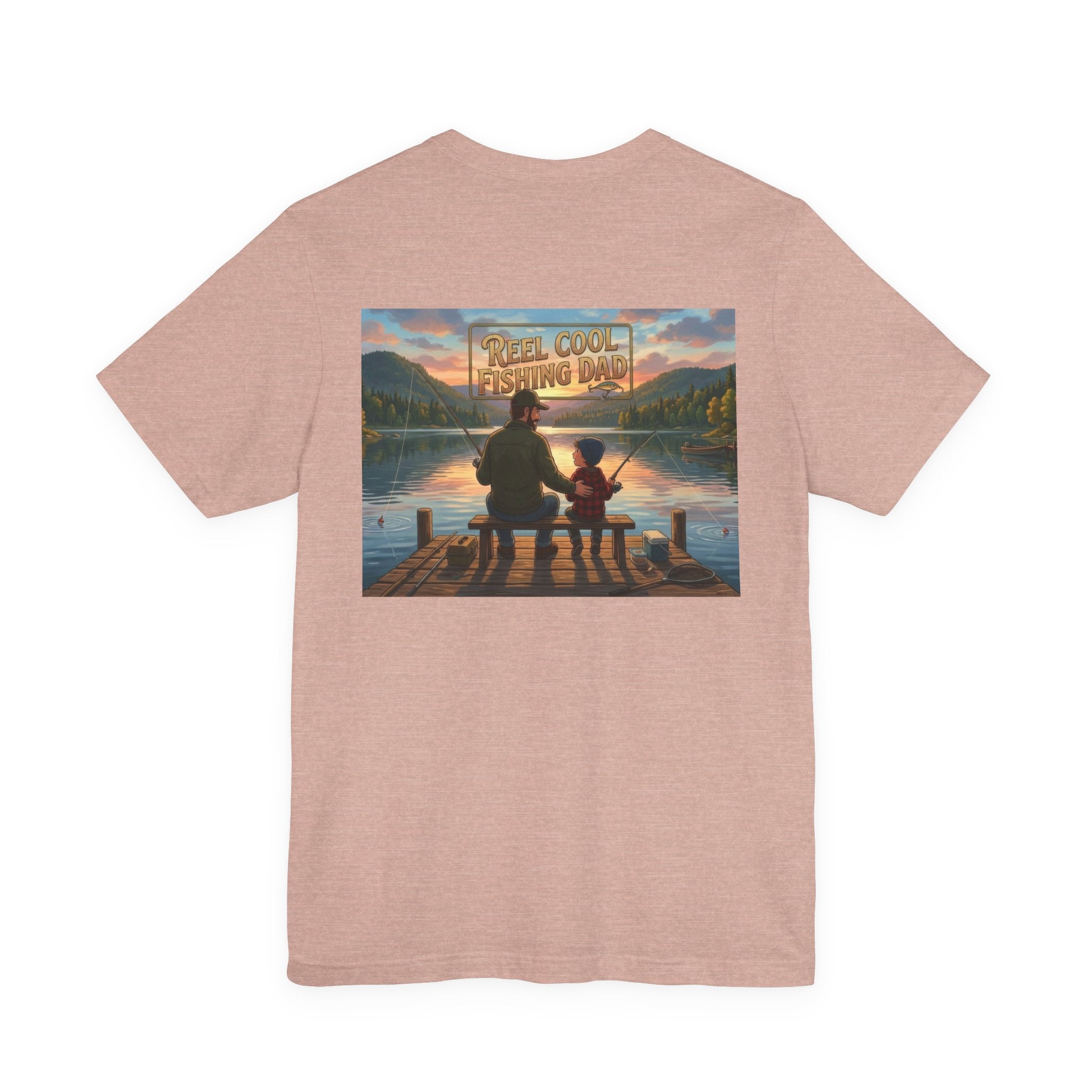 #1 Dad fishing scene Tee | Dad and child fishing on dock at sunset T-Shirt