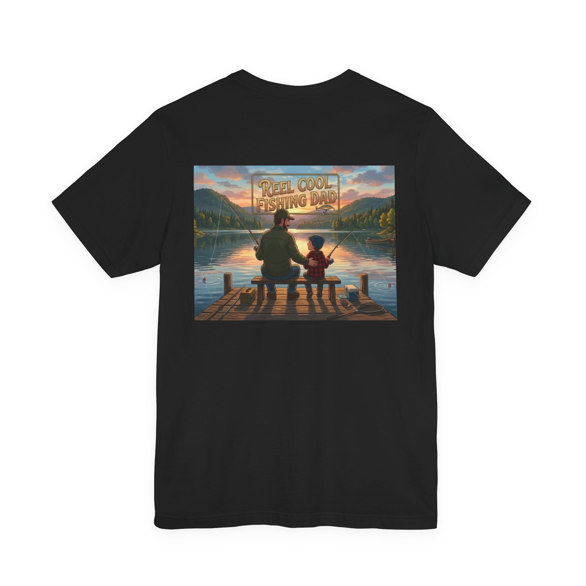 #1 Dad fishing scene Tee | Dad and child fishing on dock at sunset T-Shirt