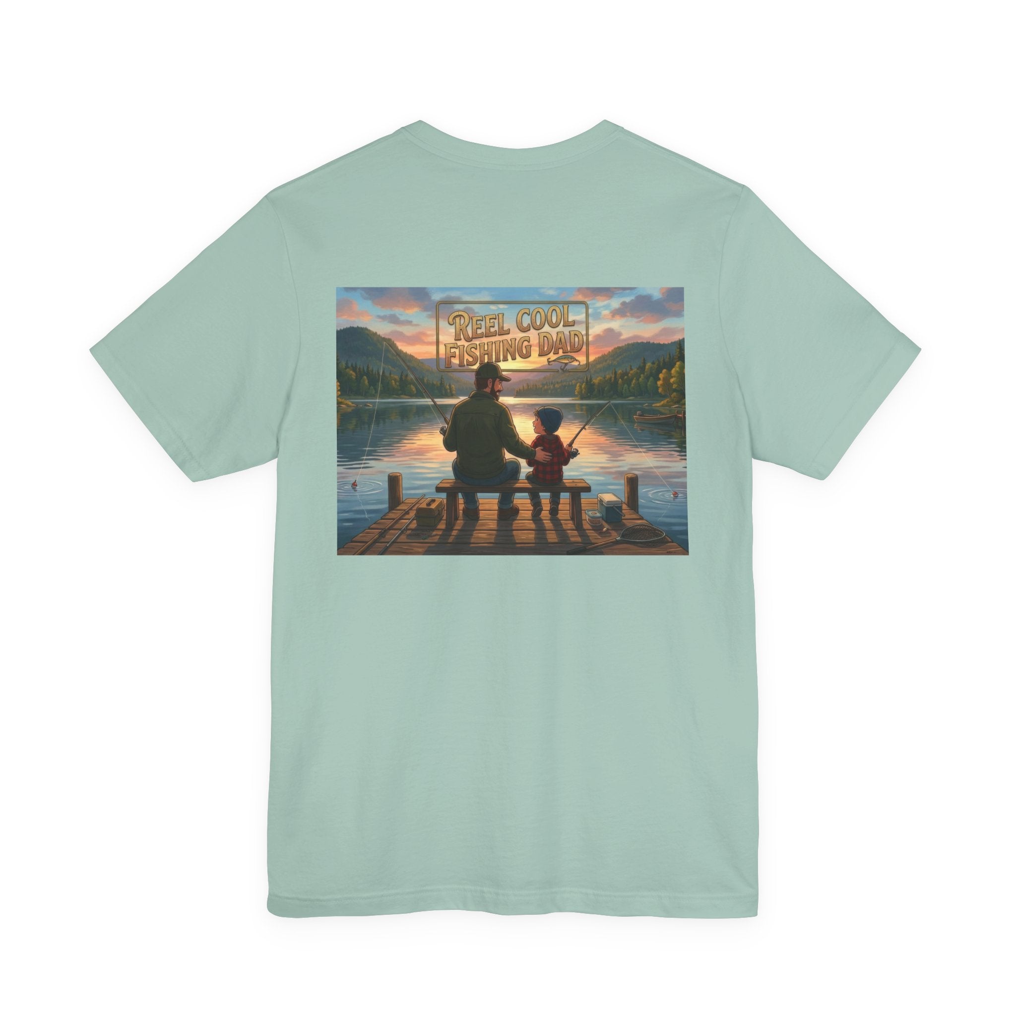 #1 Dad fishing scene Tee | Dad and child fishing on dock at sunset T-Shirt