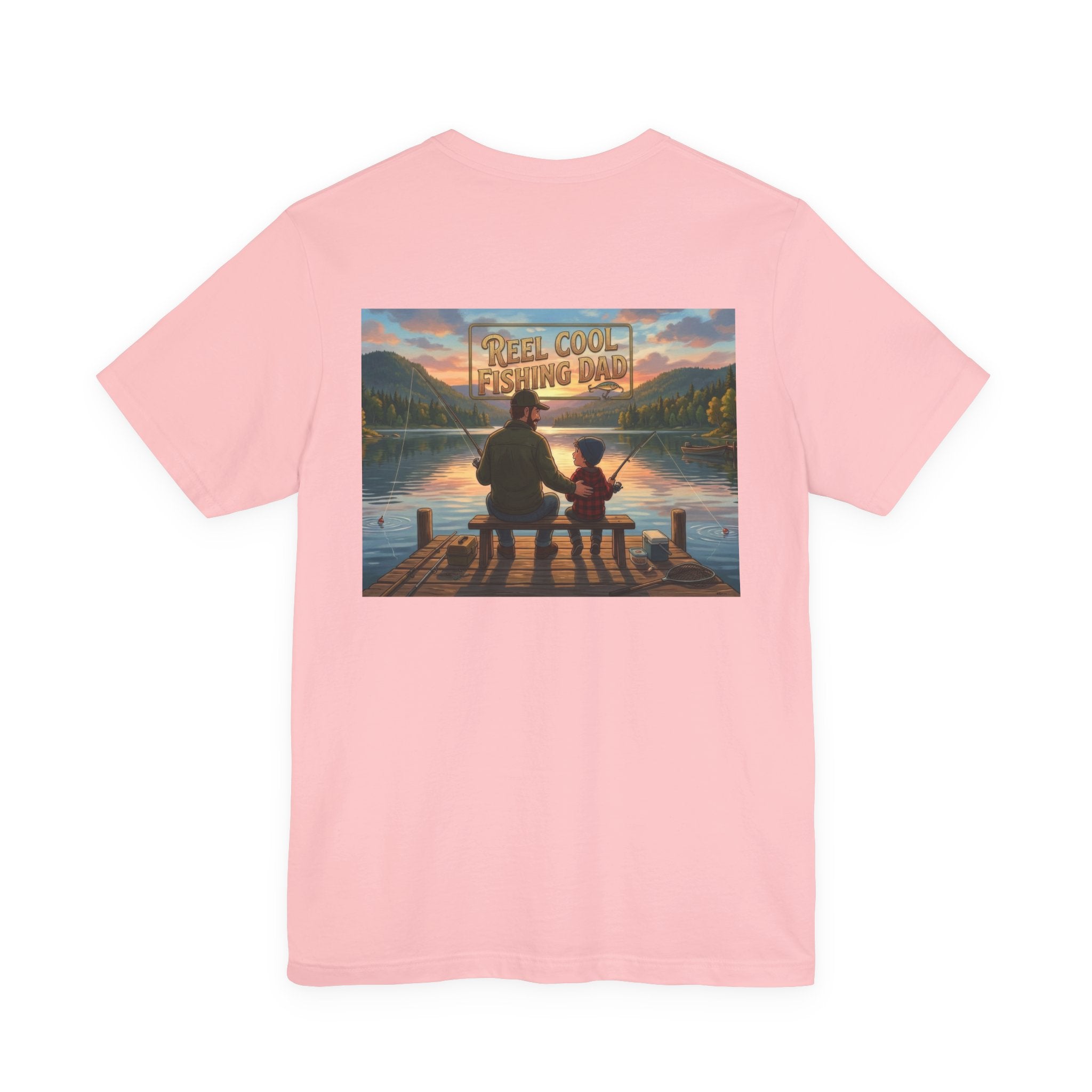 #1 Dad fishing scene Tee | Dad and child fishing on dock at sunset T-Shirt