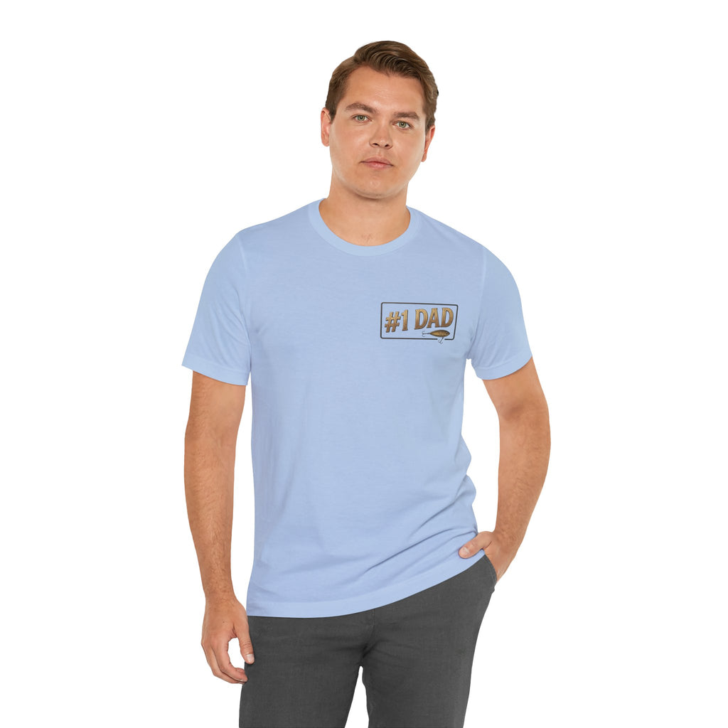 #1 Dad fishing scene Tee | Dad and child fishing on dock at sunset T-Shirt